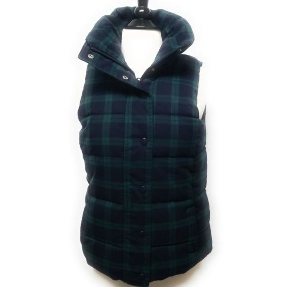 Old Navy Midnight Navy Blue & Green Tartan Plaid Thick Puffer Vest Womens Size X - Picture 4 of 8